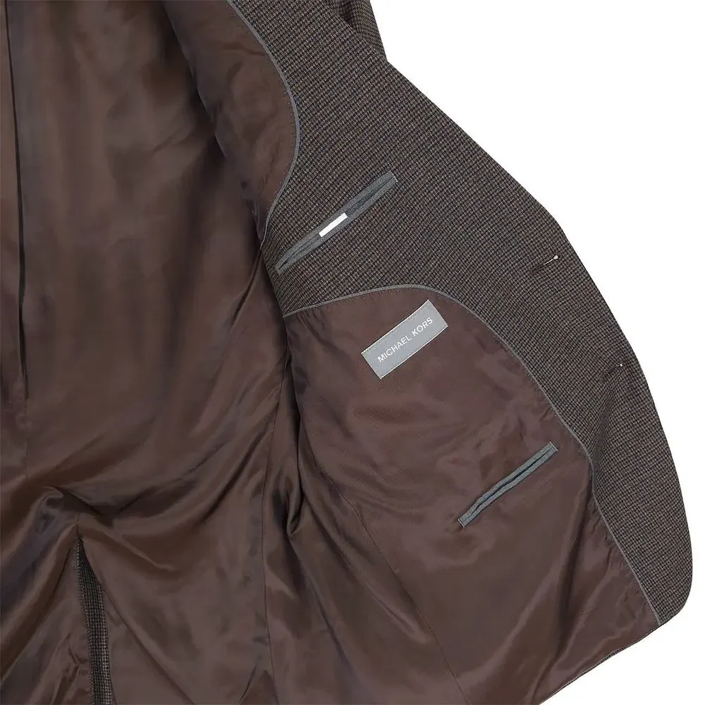 Michael Kors Mens Classic Fit Sport Coat 46L Brown Blue Houndstooth Stretch NWT